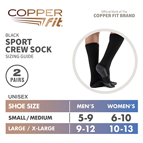 Copper Fit Unisex Crew Length Sport Socks, 2 Pair - color: Black, size: Small-Medium