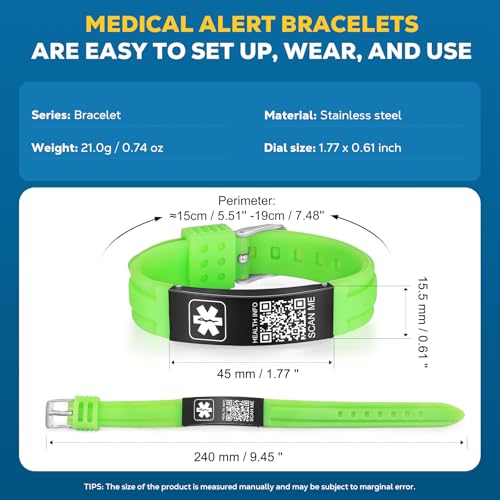 Medical Bracelets for Men Women with QR Code Medical Alert ID Bracelets - color: Neon Green Silver