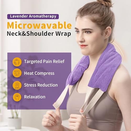 Neck Heating Pad Microwavable with Machine Washable Cover Weighted Microwave Heating Pad Neck Wrap for Shoulder Back Pain Relief, Warm Rice Bag Pack for Cramps Hot Cold Therapy 1.5lbs Lavender Scented - color: Purple