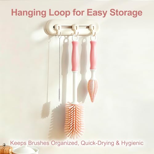 Bottle Brush Set 3-in-1, Including Long Handle Silicone Bottle Brush, Detail Cleaner, Straw Brush, Non Scratch Cleaning Brushes for Water Bottles, Tumblers and Glass (Pink) - color: Pink