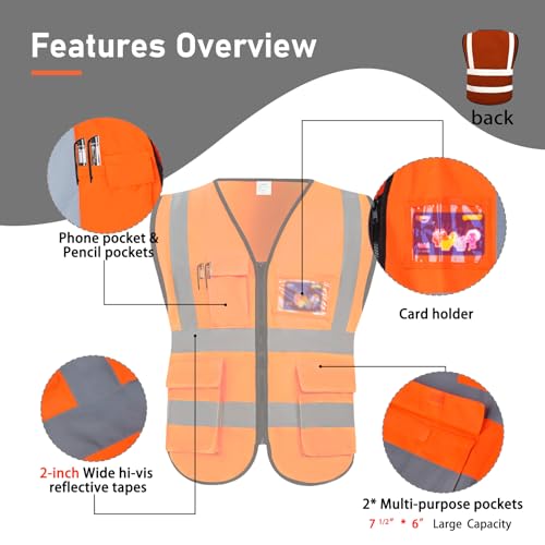 High Visibility Safety Vest with Pockets and Zipper, 1 Pack 5 Pack - color: Orange-red, size: XX-Large