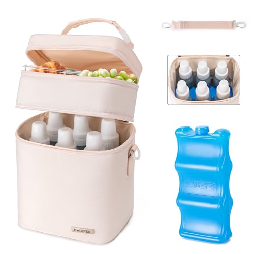 Breastmilk Cooler Bag with Ice Pack Fits 6 Baby Bottles Up to 9 Ounce, Double Deck Leak-Proof Baby Bottles Bag with Shoulder Strap for Nursing & Working Mom, - color: Pearl White