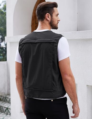 Gihuo Mens Fishing vest for Safari Utility Cargo with Pockets - color: Black, size: Large