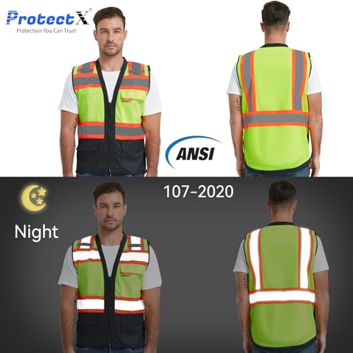 ProtectX High Visibility ANSI Class 2 Safety Vest with 6 Pockets - color: Neon Green - Solid Fabric 3-pack, size: Large