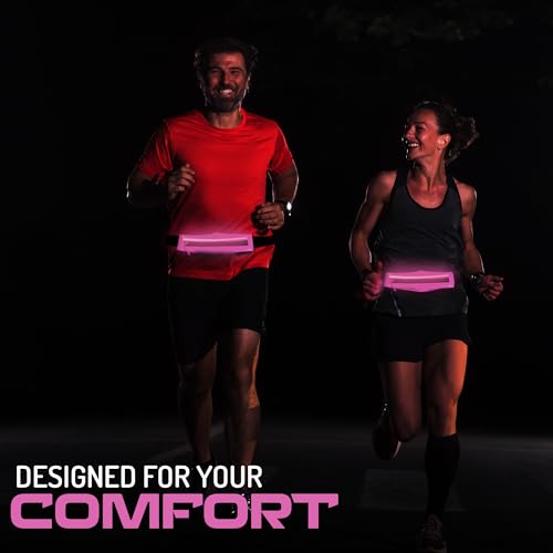 LED Rechargeable Running Belt for Men & Women – Light Up Reflective Waist Pack with Phone Holder | Adjustable Fitness Belt for Running, Walking, Hiking & Travel | WRENN & RAE (Cosmic Pink) - color: Cosmic Pink