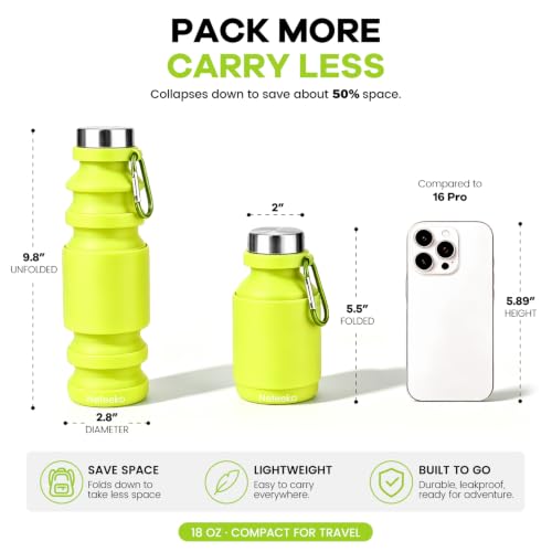Nefeeko Collapsible Water Bottle, Reuseable BPA Free Silicone Water Bottles - color: Green-18oz