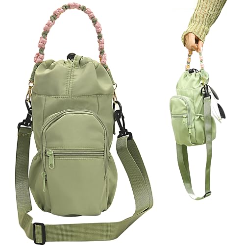 Wongeto Water Bottle Holder with Strap,25oz/40oz/64oz Water Bottle Carrier Sling Bag with Phone Pocket Crossbody Adjustable Shoulder with Hand Strap for Walking - color: Green