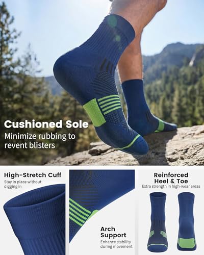 3 Pairs Running Compression Socks for Men & Women Crew Socks with Cushion - color: Navy (3 Pairs), size: Large