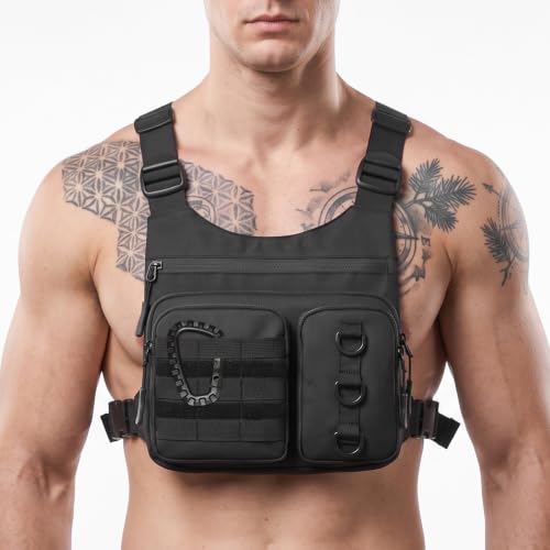 Criuage Chest Bag for Men, Lightweight Adjustable Running Vest, Water Resistant EDC Chest Pack with Water Bottle Pocket, Breathable Back Pad for Hiking Cycling Fishing Travel (Black) - color: Black