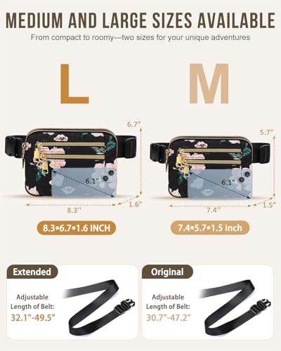 Capolo Fanny Packs for Women 4 Zip Pocket Crossbody Belt Bag Waist Bags - color: Black Flower, size: Large