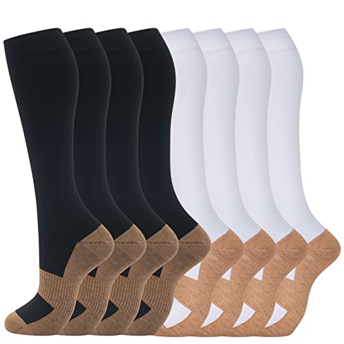 fenglaoda 8 Pairs Compression Socks for Men & Women 20-30 mmHg Knee High Nurse Pregnant Running Medical and Travel Athletic - color: 25-8 pairs-black/white/nude copper, size: Large-X-Large