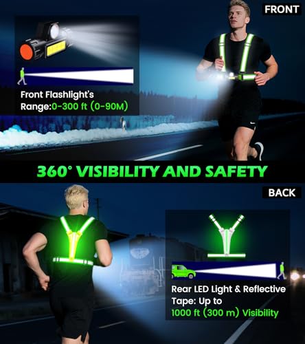 Running Lights for Runners,90°Adjustable LED Reflective Vest Running Gear,Rechargeable Chest Light Up Running Vest Night Walking Safety Gear for Night Walking/Cycling/Jogging - color: Green