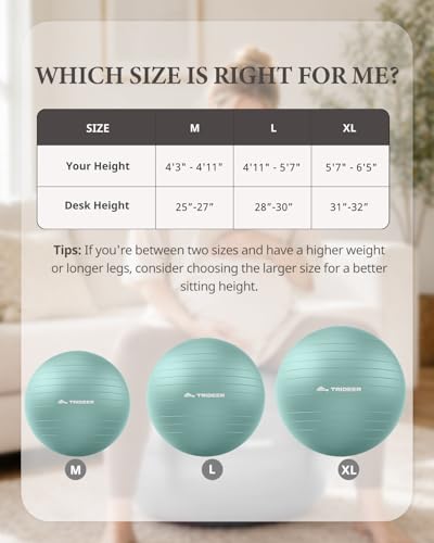 Trideer Yoga Ball for Exercise, Pregnancy, Active Sitting, 55/65/75cm - color: Mint green, size: L(23-26ines/58-65cm)