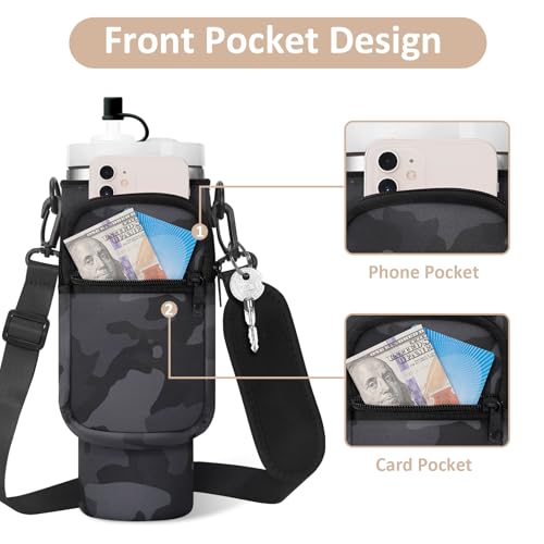 AceTreker Water Bottle Carrier Bag with Strap for Stanley 40/30 oz Tumbler Neoprene Insulated Cup Holder Sleeve with Phone Pocket & Straw Cover for Stanley Cup Accessories - color: 02-Black Camo, style: 30 Oz