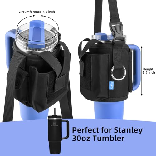 Xxerciz Water Bottle Carrier Pouch with Phone Pocket for Stanley 30 oz Tumbler with Handle, Nylon Water Bottle Holder Pouch with Adjustable Strap for Stanley Cup Accessories, Black