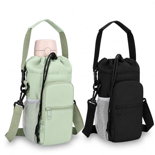 2 Pack Water Bottle Holder Bag with Strap for 30-40 Oz Bottles - color: black and green