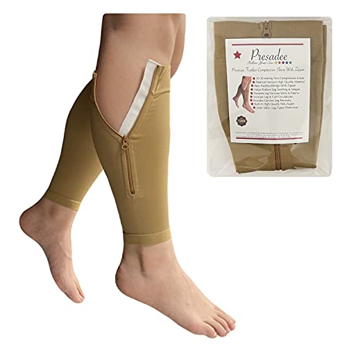Presadee Shin Premium 20-30 mmHg Firm Compression Leg Calf Sleeve With Zipper (Beige, L/XL) - color: Beige, size: L/XL