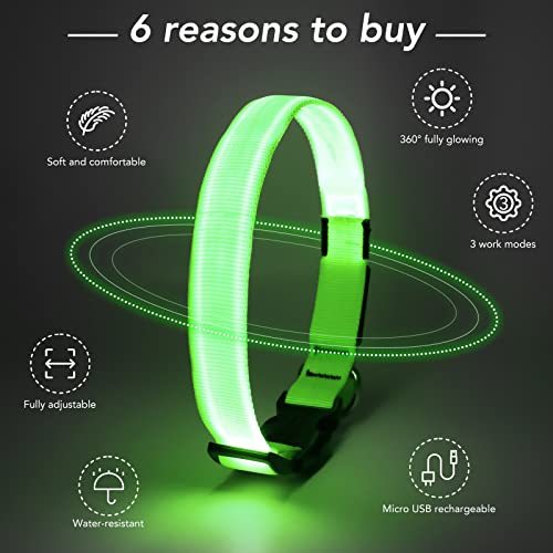 Light Up Dog Collar, Rechargeable USB Collar, Waterproof, Luminous LED Collar, Adjustable, Super Bright, Night Walking for Small Medium Large Dogs, Green, L - color: Green, size: Large