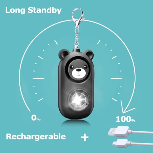Personal Safety Alarm Keychain with LED Light, 130dB Emergency Alert, Rechargeable Bear Design for Women, Children,Girls - color: Black