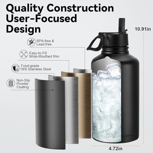 KXIAOCHEN Insulated Water Bottle with Strap, 48-Hour Cold, 2 Lids - color: Black-B, size: 64 Ounces