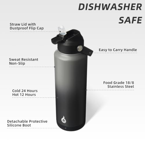 BJPKPK 2 Pack 40oz Insulated Water Bottles with Straw Lids, Stainless Steel - color: 2 X Black Grey, size: 40 Ounces