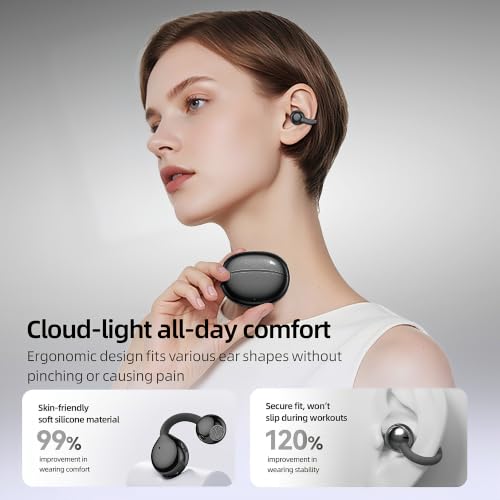 Open Ear Earbuds Clip On Headphones Wireless Earbuds for Workout(Black) - color: Black