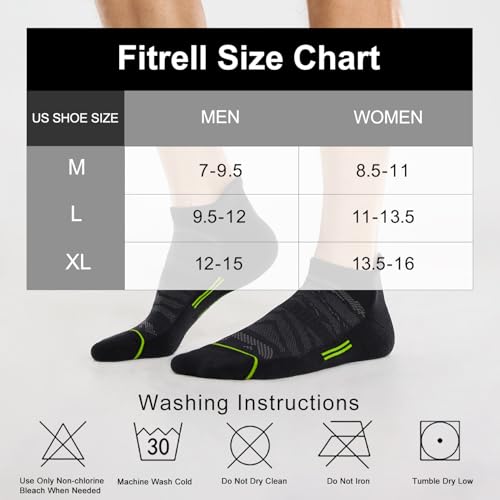 FITRELL Men's 6 Pack Ankle Running Socks Low Cut Cushioned Athletic Sports Socks 7-9/9-12/12-15 - color: Black+gray-green-red, size: 12-15