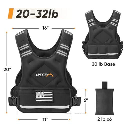 APEXUP Adjustable Weighted Vest, 4-10lb/12-18lb/20-32lb Vest with 6 Ironsand Weights and Large Pocket, Weight Vest for Men Women Strength Training, Running, Walking - color: Black, size: 20-32lbs