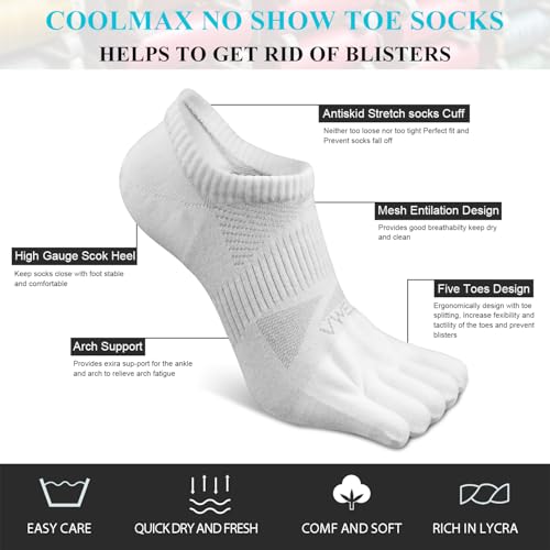 VWELL No Show Toe Socks for Men Women COOLMAX Five Finger Socks Athletic Running Ankle Low Cut 5 Toe Socks (3Pairs) - color: White, size: Small