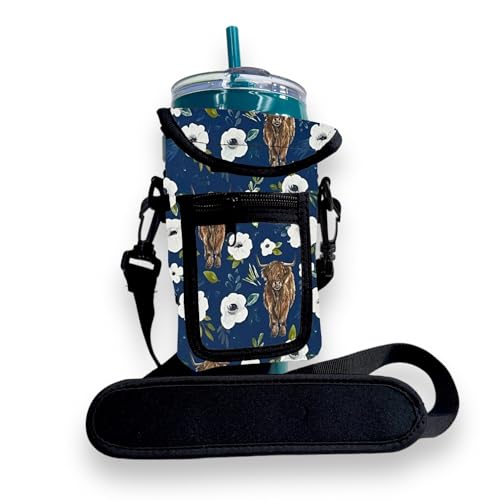 Drink Handlers Drink Carrier with Pocket Purse - Versatile Water Bottle Holder with Strap -Velcro Strap Fits Around 30-40oz Tumblers - Highland Cows - color: Highland Cows to School