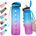 EYQ 32oz Water Bottle with Straw, Sports Bottle with Time Marker - color: 1.Blue/Purple Gradient