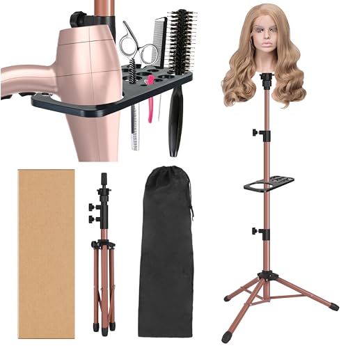 ZQIAN BEAUTY Wig Stand Tripod 50 Inch Metal Wig Mannequin Head Tripod Stand For Hairdressing Training Head Adjustable Wig Tripod Stand with Tool Tray (Latte, Mannequin Head Not Included) - color: Latte, size: 50 Inch