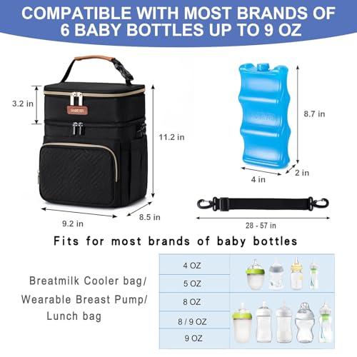 Breastmilk Cooler Bag with Ice Pack Fits 6 Baby Bottles Up to 9 Ounce, Double Deck Leak-Proof Baby Bottles Bag with Shoulder Strap for Nursing & Working Mom, - color: Black with pocket