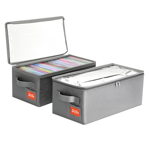 DVD Storage Box – DVD Case with Clear PVC Lid – DVD Shelf Organizer for 25 Standard DVD Cases – Foldable & Stackable Media Storage Solution – 2Pack(Gray) - size: DVD-2Pack