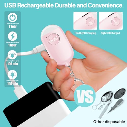 Hion Personal Safety Alarm for Women, 2 Pack Rechargeable 130dB Self Defense Alarm Keychain with LED Flashlight, Emergency Safe Sound Security for Children Elderly College Girls Men, Pink+Blue - color: Pink+blue