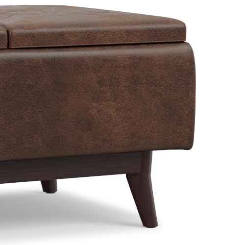 SIMPLIHOME Owen 34" Wide Vegan Leather Tray Top Ottoman in Chestnut Brown - color: Distressed Chestnut Brown