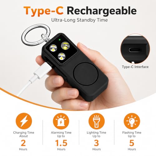 Personal Safety Alarm, Rechargeable 150dB Strobe Siren - color: Black