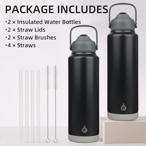 BJPKPK 2 Pack 40oz Insulated Water Bottles with Straw Lids, Stainless Steel - color: 2 X Black, size: 40 Ounces
