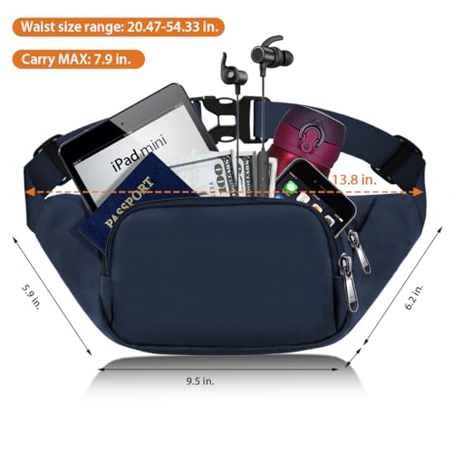 Large Fanny Pack for Women Men - Syican Waist bag with 3-Zipper Pockets - color: Dark Blue+Extended Belt
