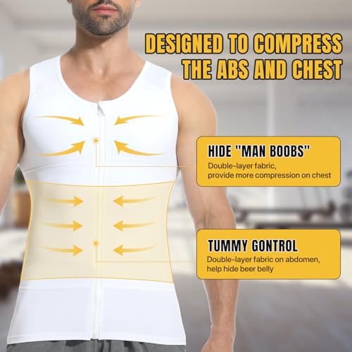 Mens Compression Shirt Zipper, Gynecomastia Tummy Control Vest, Back Support Shapewear Slimming Undershirt - color: 2 Pack White, size: Medium