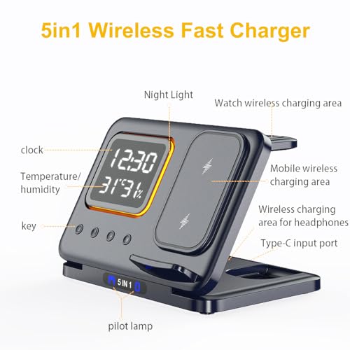 IHAO 5in1 Multi Functional Wireless Charging Station Digital Clock 15W Fast Charging Temperature Display Wireless Charger for All Qi Phone and TWS Headphone Compliant with Apple Watch-DH15 Black - color: 5in1 wireless Charger Station D15 Black