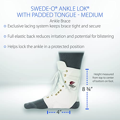 Swede-O Ankle Lok Reinforced Laced Ankle Brace for Sports, Padded Tongue, White, Medium - size: Medium