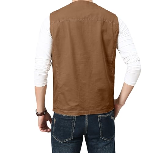 PRIJOUHE Mens Casual Cotton Vest Lightweight Outdoor Fishing Utility Vest - color: 02-brown, size: Medium