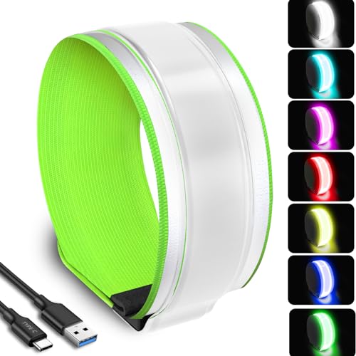 RGB 7 Colors Switchable LED Armband, USB-C Rechargeable, 360° Reflective Running Light for Runners, High Visibility Reflective Running Gear for Joggers Bikers Walkers - color: Green
