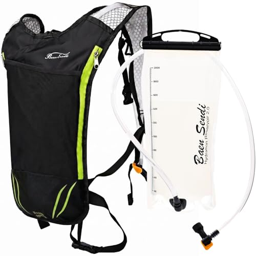 2 Pack Hydration Pack with 2L Backpack Water Bladder - Great for Outdoor Sports of Running Hiking Camping Cycling Skiing - color: Black with Green Zipper (1 Pack)