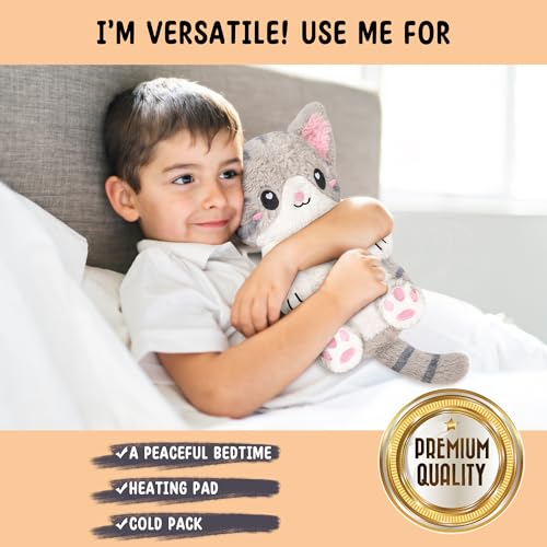 Happy Fuel Grey Cat Microwavable 1.5 lbs Unscented Heating Pad for Women & Kids- Cute Soft Cozy Pillow Plush Heatable Warm Stuffed Animals- Kawaii Hot & Cold Plushie - Gray Cat Gifts for Girls & Women - color: Grey White Cat