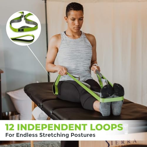Physical Therapy Yoga Stretch Strap with 12 Loops, 1 Inch Wide, 8 Ft Long - color: Green/Grey