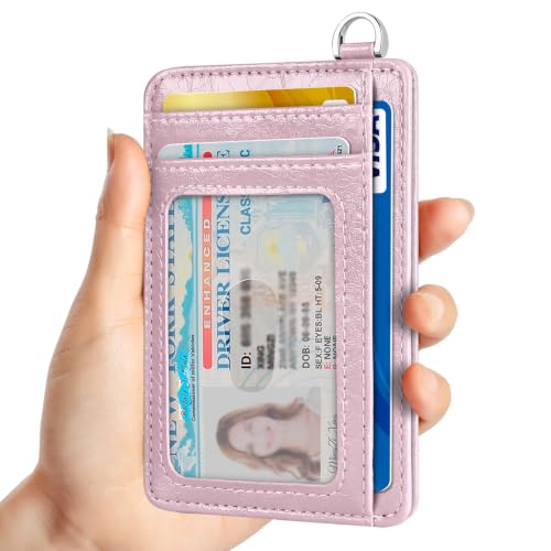Slim Minimalist Front Pocket Wallet, RFID Blocking Credit Card Holder Wallet with Integrated D-Shackle for Men Women - color: Glossy Pink