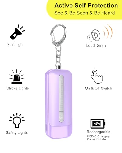 Personal Alarm for Women, Rechargeable with Safety Lights & Low Battery Notice, 130dB Siren with Extra Bright LED Flashlight Strobe Light for Emergency, Dual Light Sources Safety Keychain - color: purple