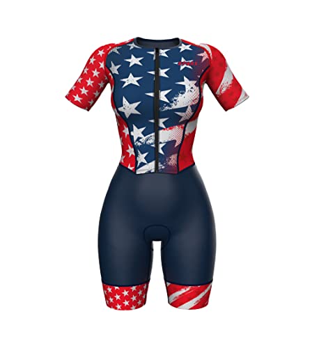 Sparx Aero Triathlon Suit Women Short Sleeve Tri Suit Women Running Swimming Cycling SkinSuit - color: Us Flag, size: Large